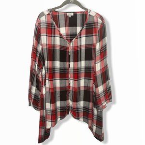 AVENUE 18/20 Black White Red PLAID Flowy Blouse